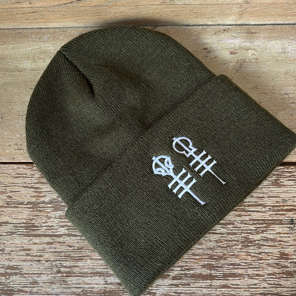 Olive Green Beanie with Embroidered Design - Picture 3 of 4